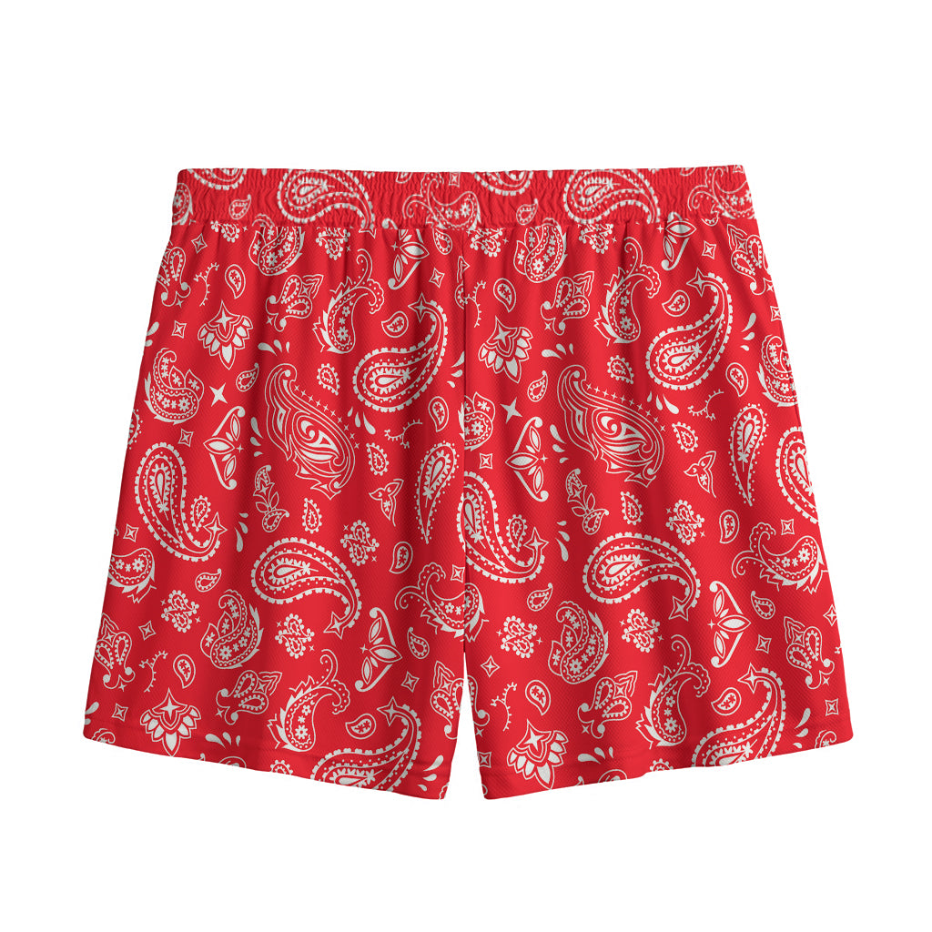Red Paisley Bandana Pattern Print Mesh Shorts