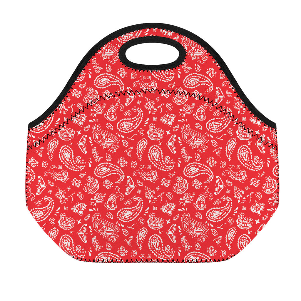 Red Paisley Bandana Pattern Print Neoprene Lunch Bag