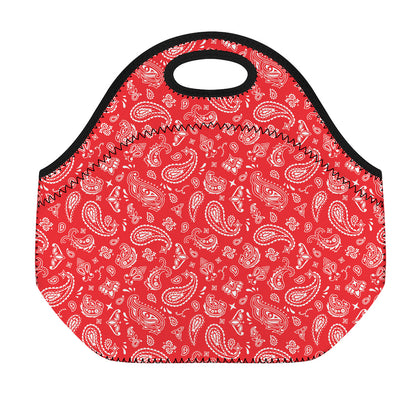 Red Paisley Bandana Pattern Print Neoprene Lunch Bag