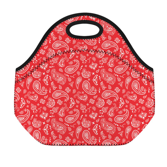 Red Paisley Bandana Pattern Print Neoprene Lunch Bag