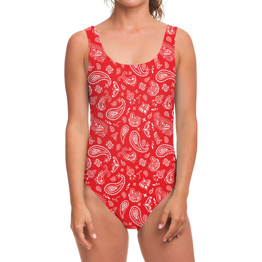Red Paisley Bandana Pattern Print One Piece Swimsuit