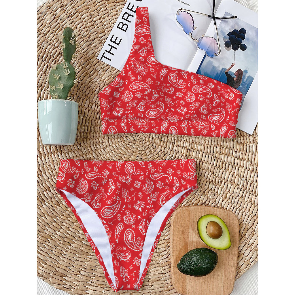 Red Paisley Bandana Pattern Print One Shoulder Bikini Top