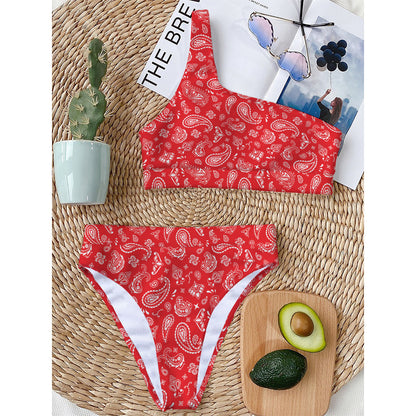 Red Paisley Bandana Pattern Print One Shoulder Bikini Top