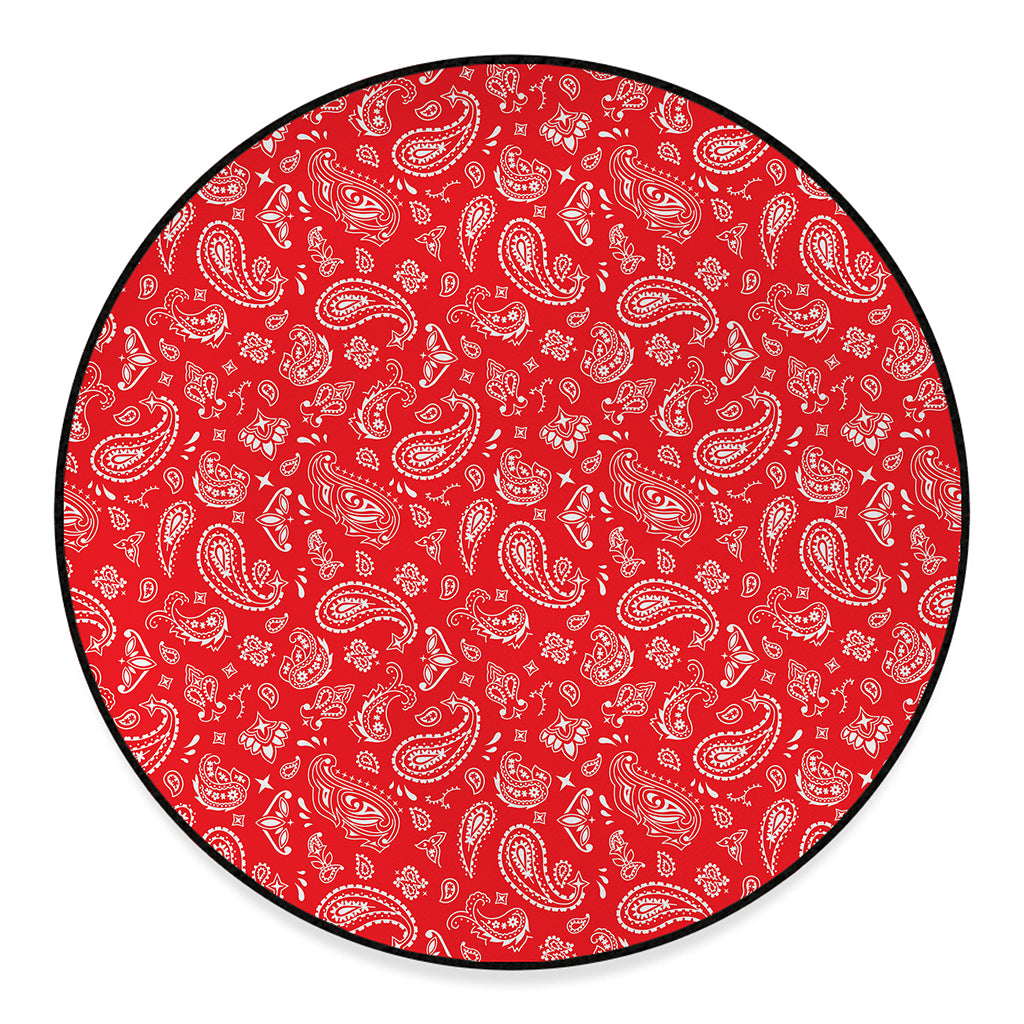 Red Paisley Bandana Pattern Print Round Floor Mat