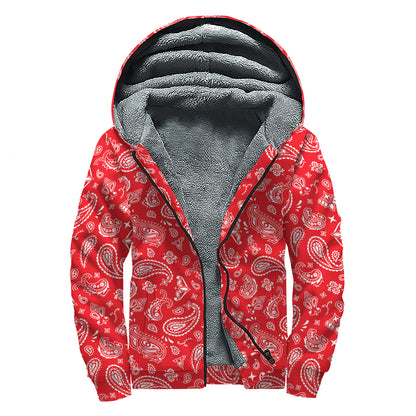 Red Paisley Bandana Pattern Print Sherpa Lined Zip Up Hoodie
