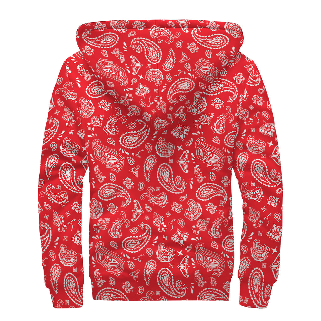 Red Paisley Bandana Pattern Print Sherpa Lined Zip Up Hoodie