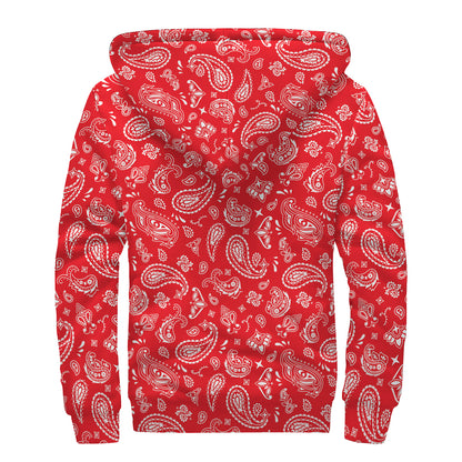 Red Paisley Bandana Pattern Print Sherpa Lined Zip Up Hoodie