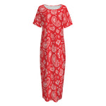Red Paisley Bandana Pattern Print Short Sleeve Long Nightdress