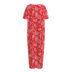 Red Paisley Bandana Pattern Print Short Sleeve Long Nightdress