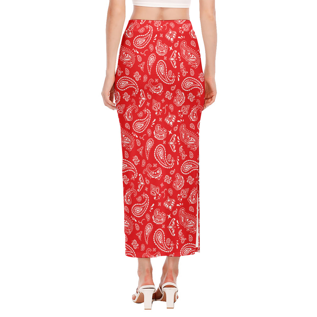 Red Paisley Bandana Pattern Print Side Slit Maxi Skirt
