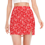 Red Paisley Bandana Pattern Print Side Slit Mini Skirt