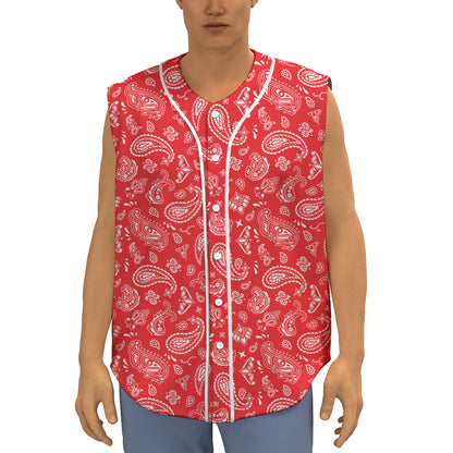 Red Paisley Bandana Pattern Print Sleeveless Baseball Jersey