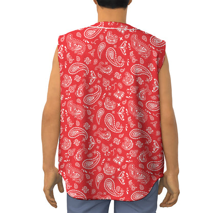Red Paisley Bandana Pattern Print Sleeveless Baseball Jersey