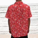 Red Paisley Bandana Pattern Print Textured Short Sleeve Shirt