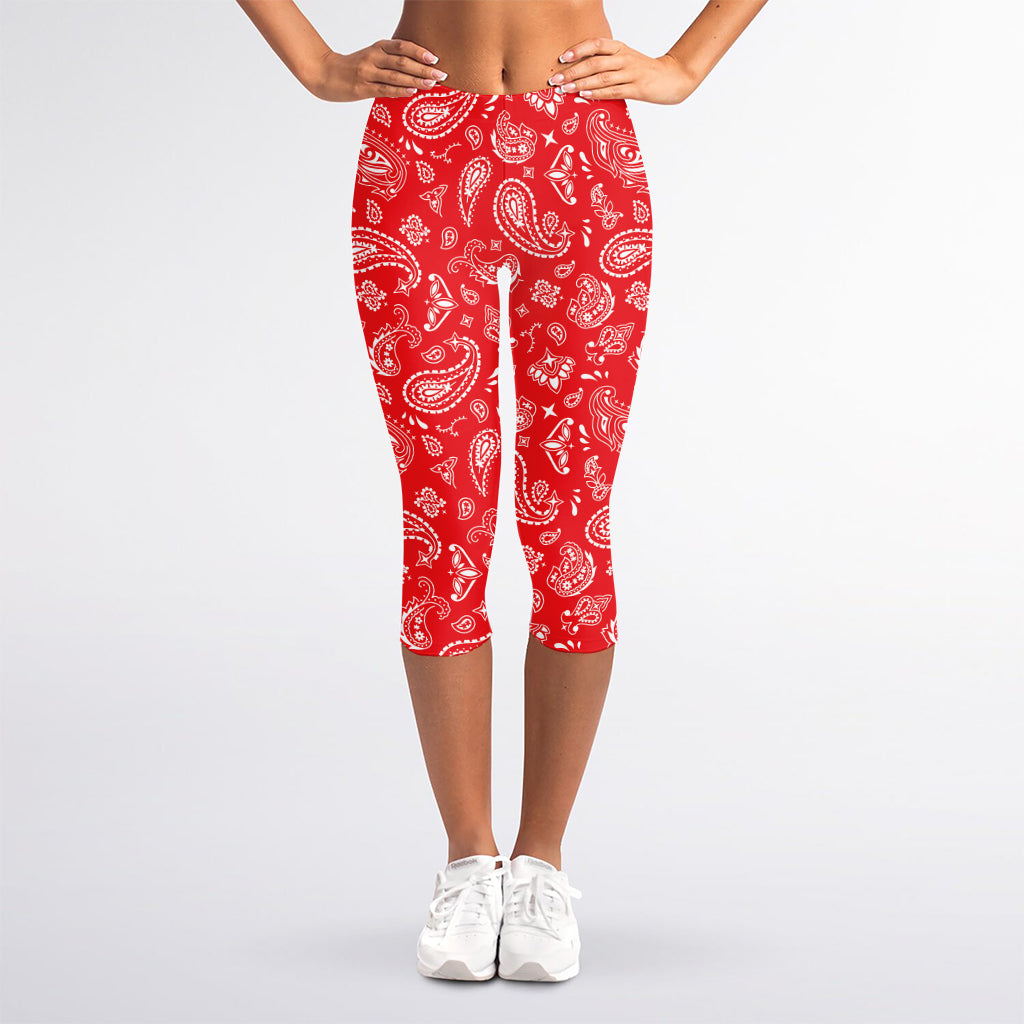 Red Paisley Bandana Pattern Print Women's Capri Leggings