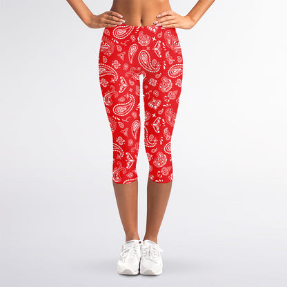 Red Paisley Bandana Pattern Print Women's Capri Leggings