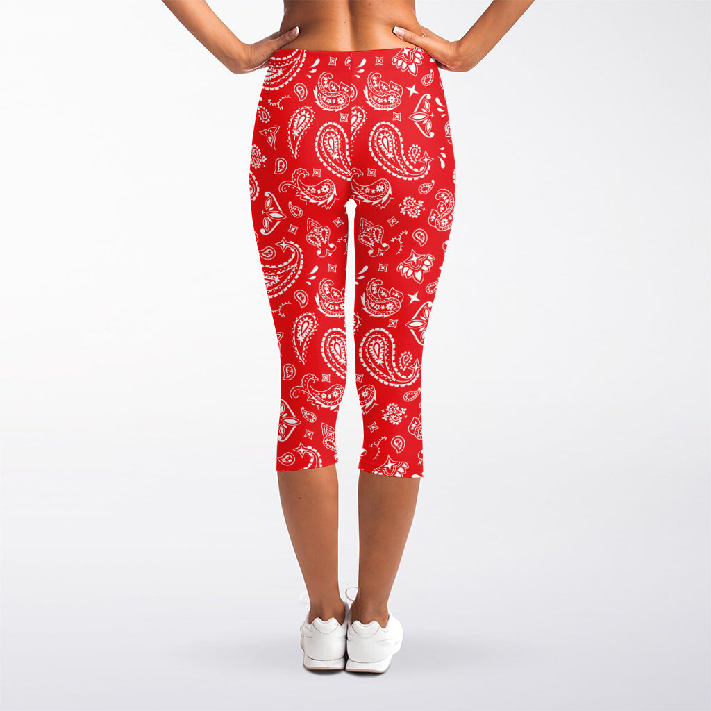 Red Paisley Bandana Pattern Print Women's Capri Leggings