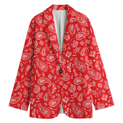 Red Paisley Bandana Pattern Print Women's Cotton Blazer