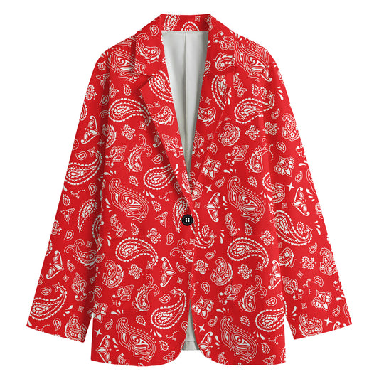 Red Paisley Bandana Pattern Print Women's Cotton Blazer