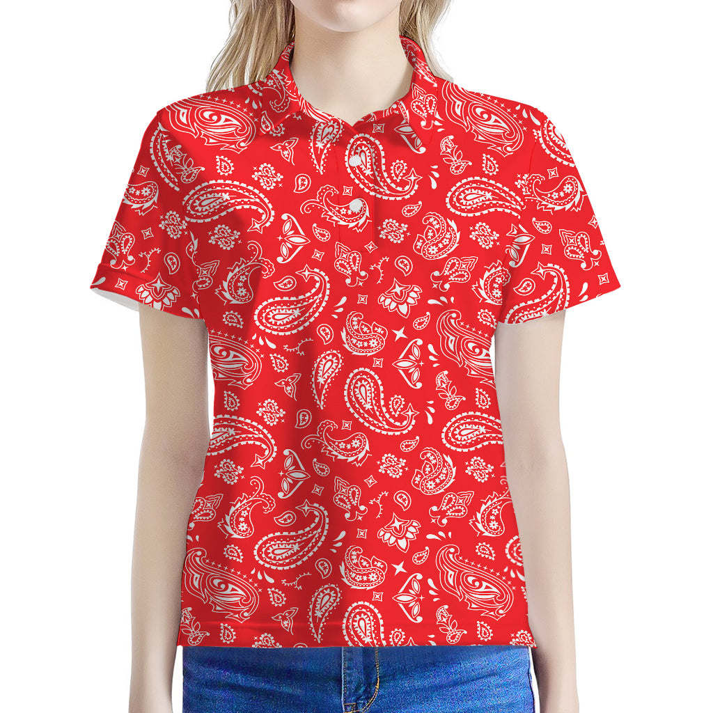 Red Paisley Bandana Pattern Print Women's Polo Shirt