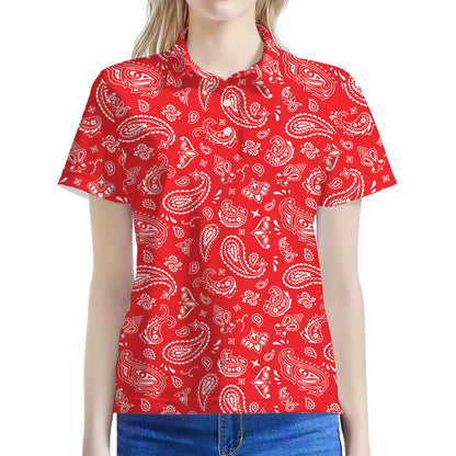 Red Paisley Bandana Pattern Print Women's Polo Shirt