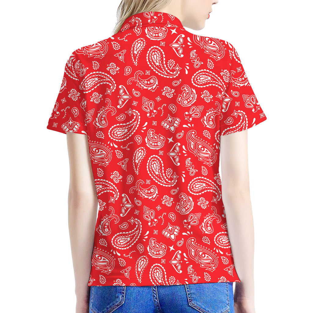 Red Paisley Bandana Pattern Print Women's Polo Shirt