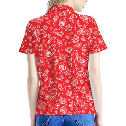 Red Paisley Bandana Pattern Print Women's Polo Shirt