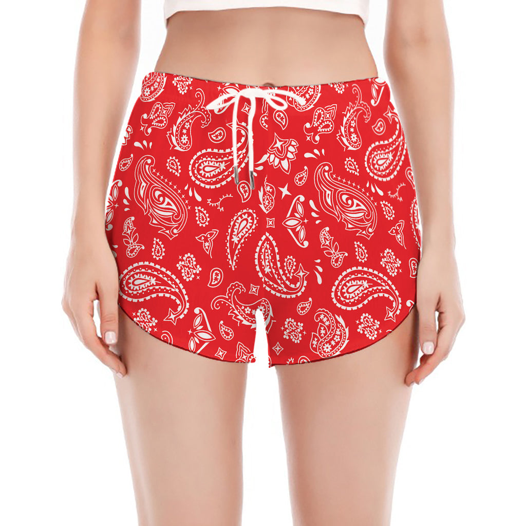 Red Paisley Bandana Pattern Print Women's Split Running Shorts