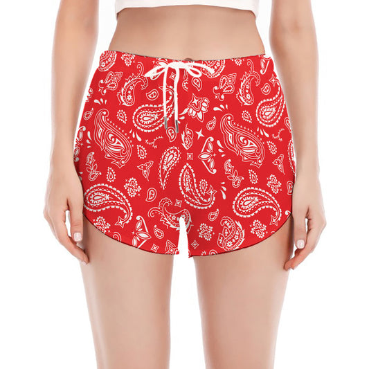Red Paisley Bandana Pattern Print Women's Split Running Shorts