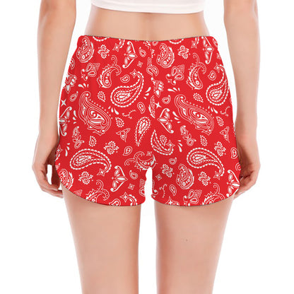 Red Paisley Bandana Pattern Print Women's Split Running Shorts