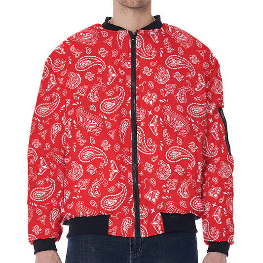 Red Paisley Bandana Pattern Print Zip Sleeve Bomber Jacket