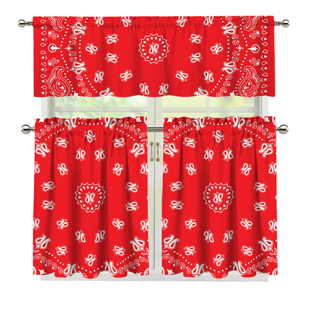 Red Paisley Bandana Print 3 Piece Kitchen Curtains