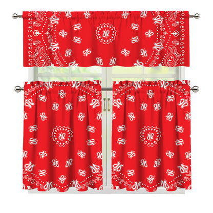 Red Paisley Bandana Print 3 Piece Kitchen Curtains