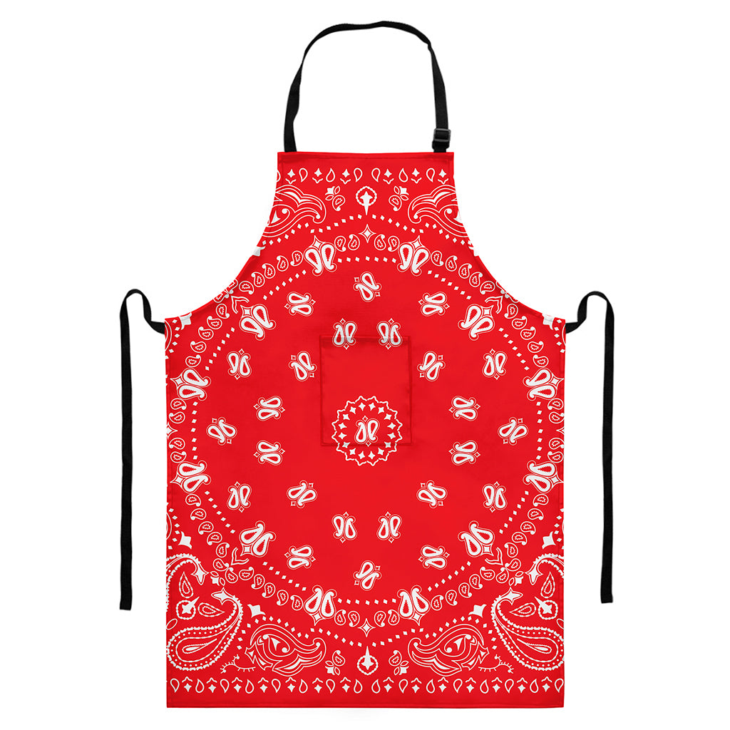 Red Paisley Bandana Print Bib Apron With Pocket