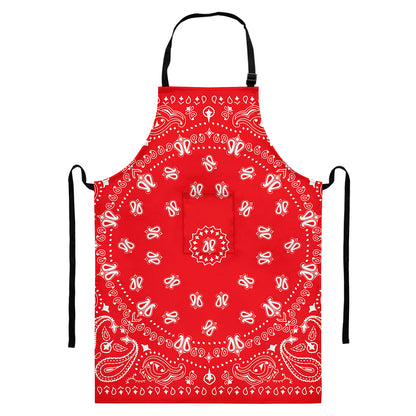 Red Paisley Bandana Print Bib Apron With Pocket