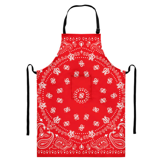 Red Paisley Bandana Print Bib Apron With Pocket