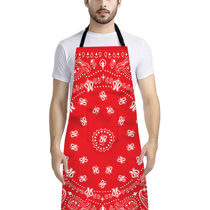Red Paisley Bandana Print Bib Apron With Pocket
