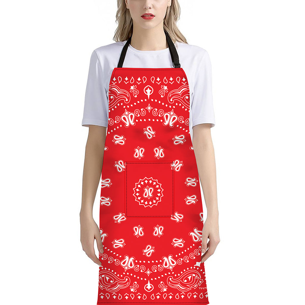 Red Paisley Bandana Print Bib Apron With Pocket