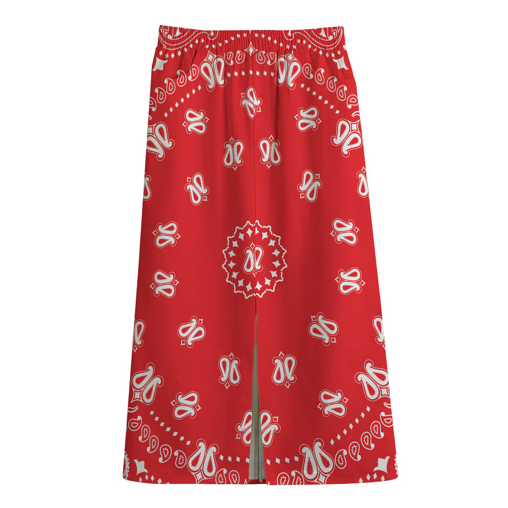 Red Paisley Bandana Print Cotton Front Slit Maxi Skirt