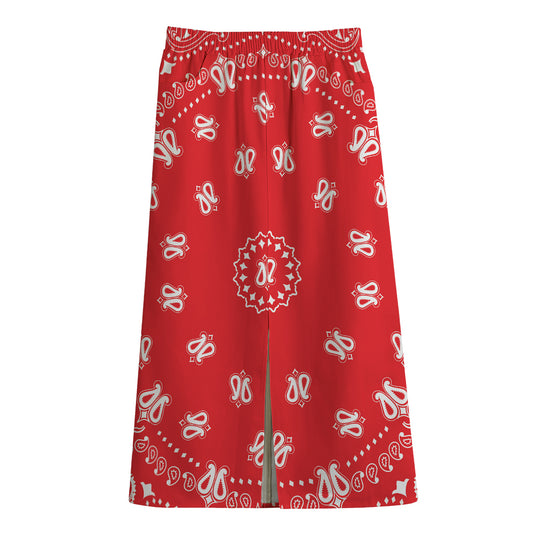Red Paisley Bandana Print Cotton Front Slit Maxi Skirt