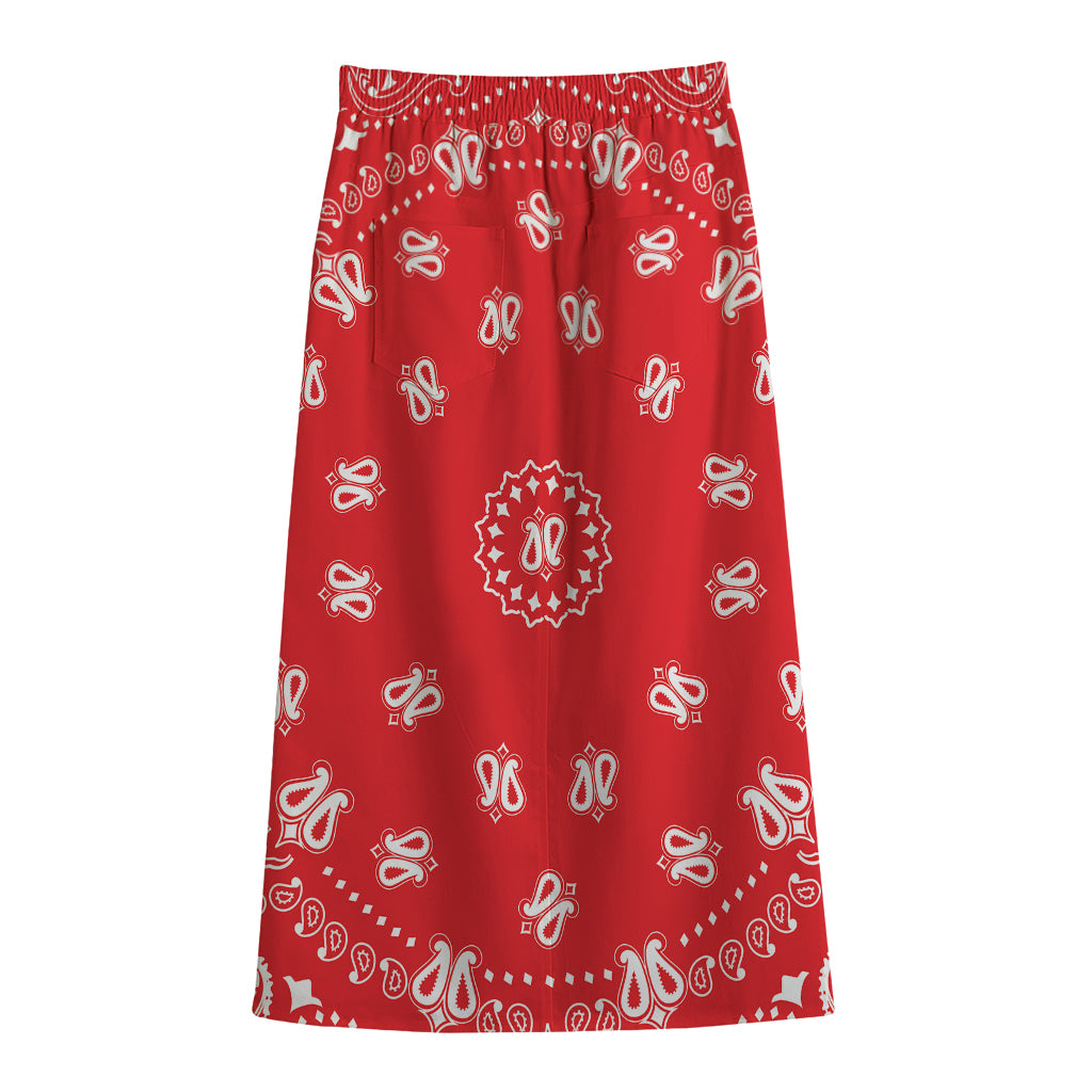 Red Paisley Bandana Print Cotton Front Slit Maxi Skirt