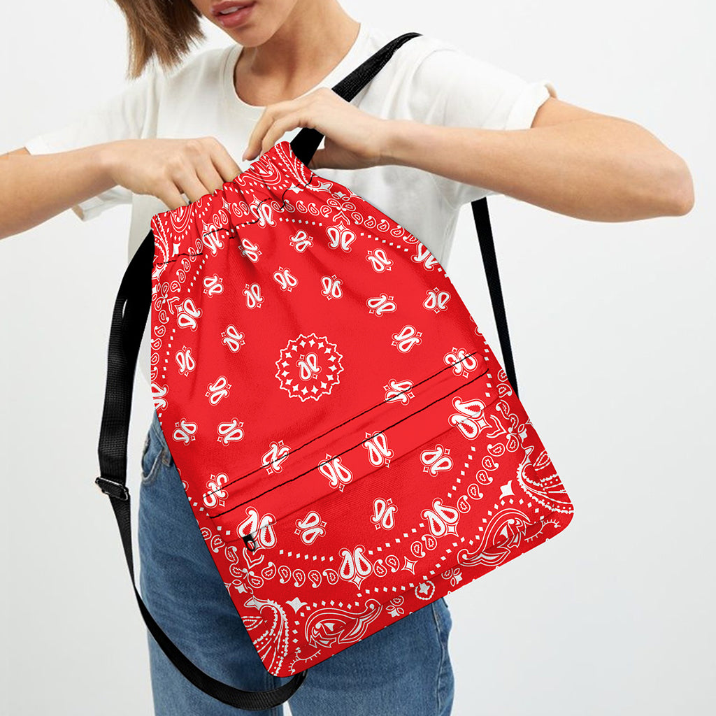 Red Paisley Bandana Print Drawstring Backpack