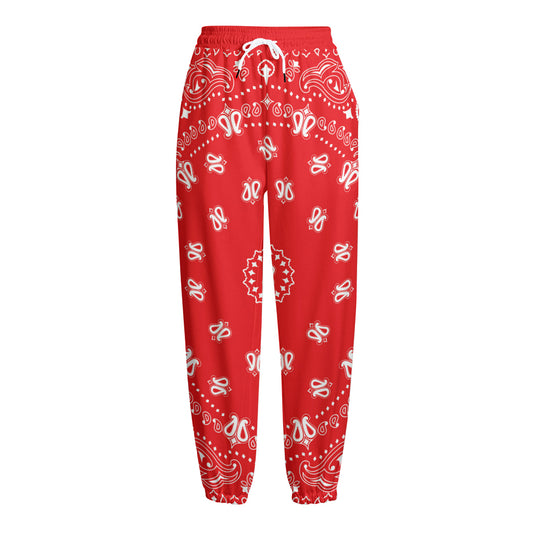 Red Paisley Bandana Print Fleece Lined Knit Pants