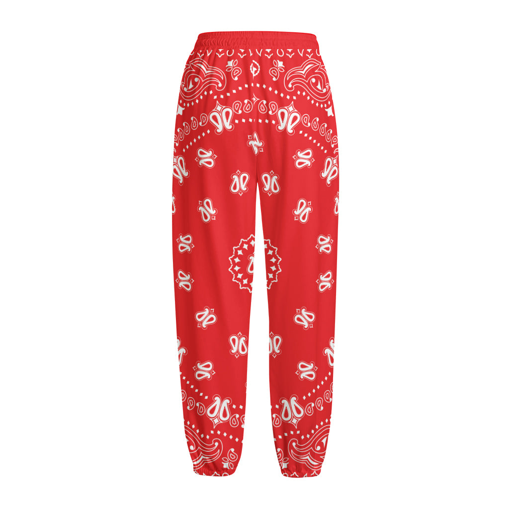 Red Paisley Bandana Print Fleece Lined Knit Pants