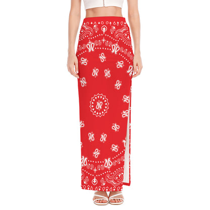 Red Paisley Bandana Print High Slit Maxi Skirt