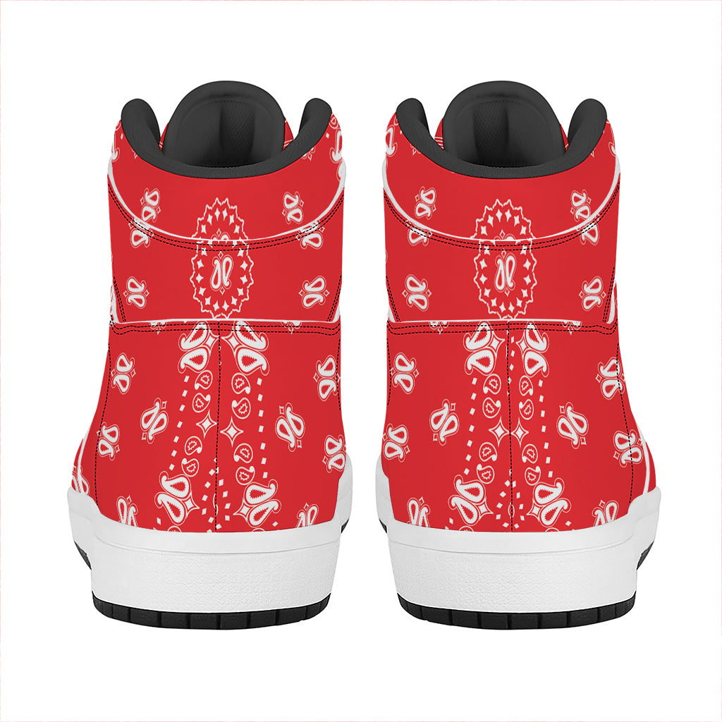 Red Paisley Bandana Print High Top Leather Sneakers