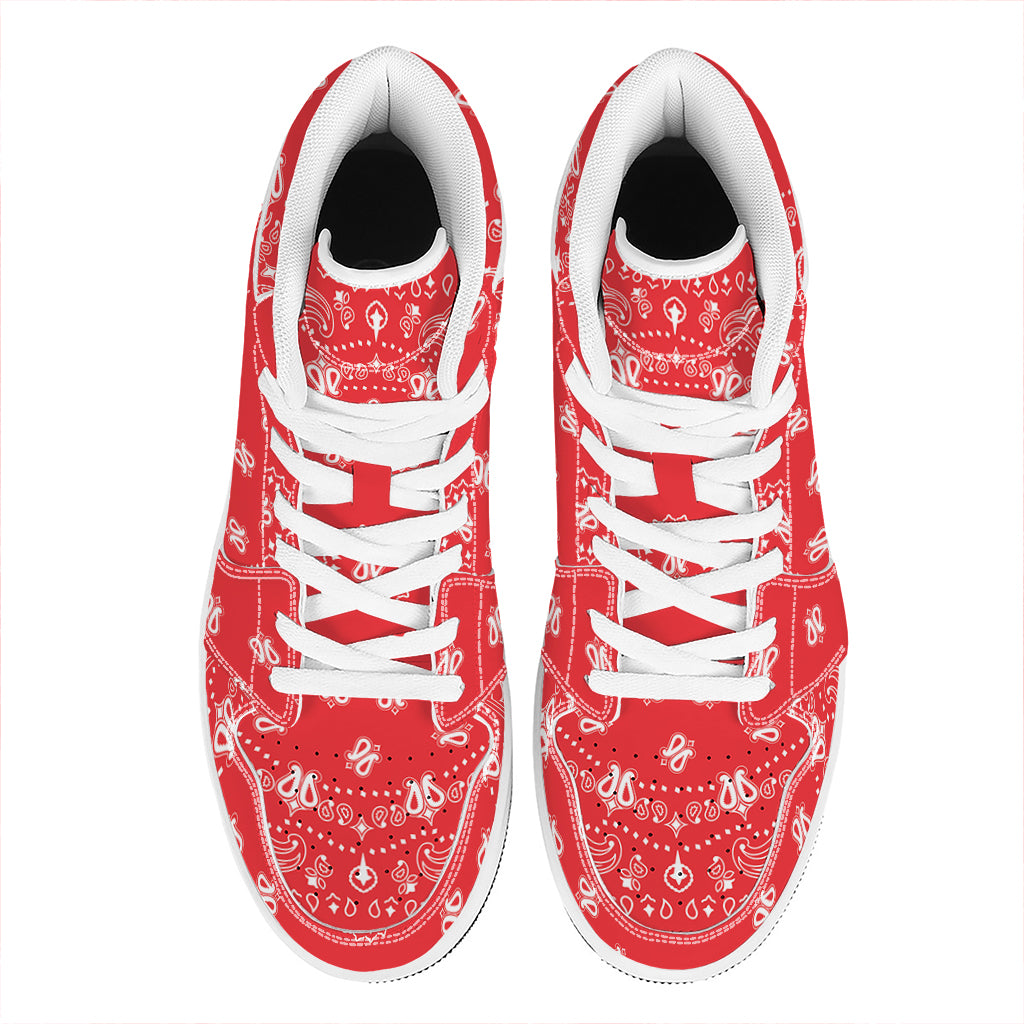 Red Paisley Bandana Print High Top Leather Sneakers