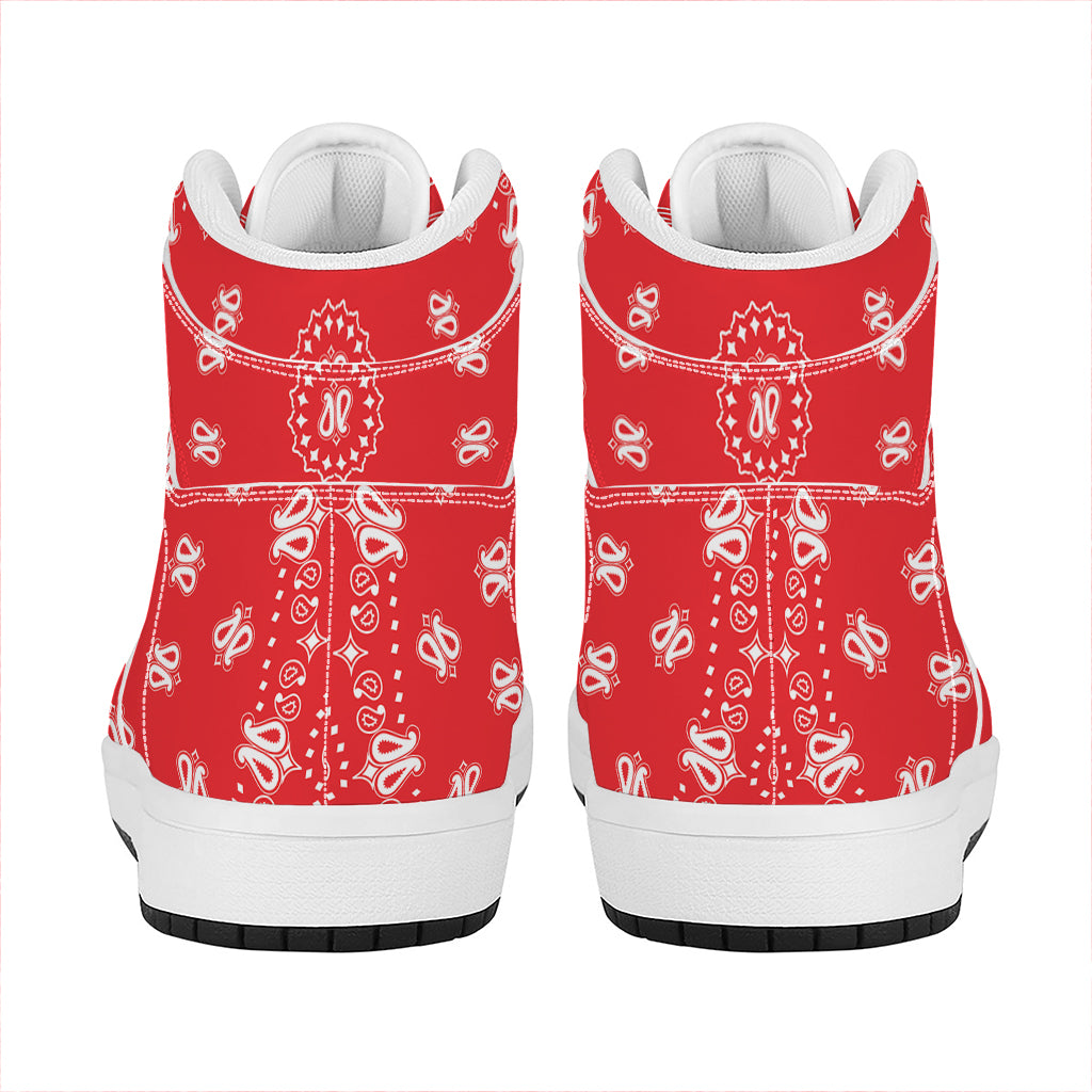 Red Paisley Bandana Print High Top Leather Sneakers