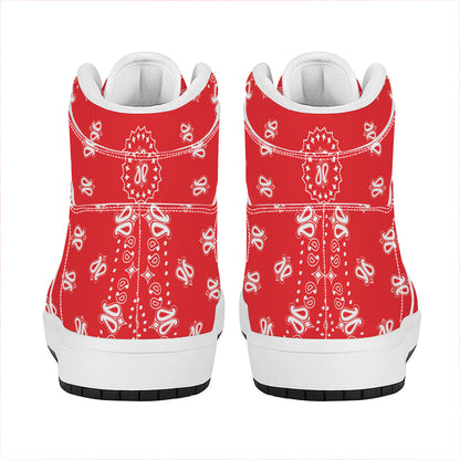 Red Paisley Bandana Print High Top Leather Sneakers