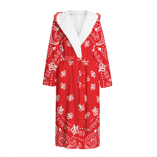 Red Paisley Bandana Print Hooded Bathrobe